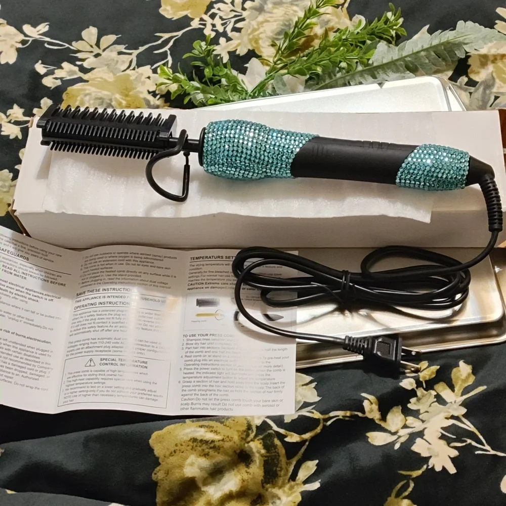 Black and blue jeweled pressing comb